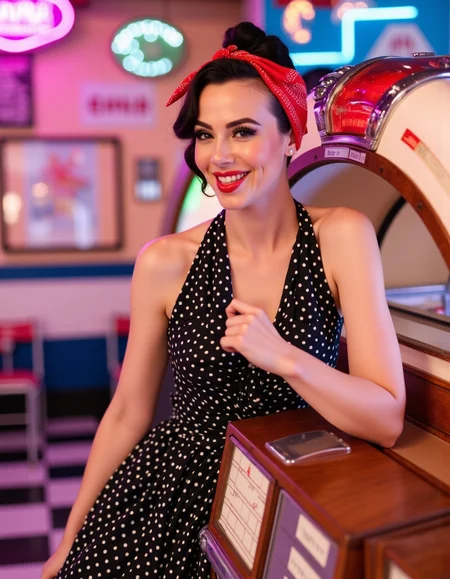 Rockabilly woman with a playful smile, wearing a polka dot halter dress with a cinched waist and a bright red bandana tied in her hair, leaning against a classic jukebox in a retro diner. Neon signs glow in soft pink and blue, casting dynamic reflections across the chrome and checkerboard floor. Shot with a vintage 1950s analog camera, slightly grainy texture, wide-angle lens capturing the nostalgic charm of the scene, warm lighting enhancing her vibrant lipstick and winged eyeliner.  <lora:rockabilly8x:1> r0ckb1ll1v2, r0ckb1ll1