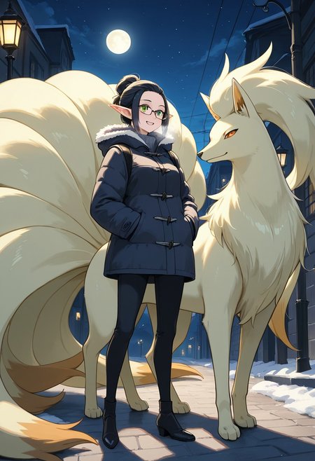 Duo, snowy street, nighttime,  moonlight, detailed background, elf walking with feral ninetales, happy, cute, very pretty, beautiful, smiling, full body, visible breath,
 1elf(petite elf, black hair, small breasts, messy bun, hair in a bun, hair tied back, green eyes, wearing glasses, pointed ears, winter clothes), 
1creature(zzNinetails,ninetales, digitigrade, waist height, amber eyes,((feral ninetales)))