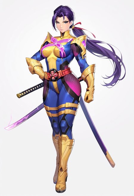 (score_9, score_8, score_7), masterwork, masterpiece, psylocke, 1girl, solo, beautiful eyes, beautiful face, detailed eyes, detailed face,
long purple ponytail, serious look, katana in right hand, standing diagonal pose, yellow armored boots and gloves, glowing pink chest insignia, red belt, cyber armor suit with sleek black and pink contour panels, anime hero design, full body. tight blue and yellow bodysuit, glowing pink butterfly symbol on chest, red X-emblem belt, metallic yellow gauntlets and boots, pink mesh panels on thighs, black contour lines on hips and torso, standing pose, confident expression
