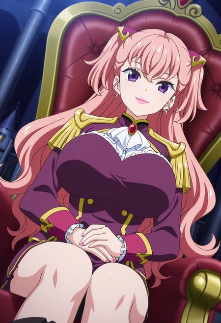 general,highres, ultra-detailed,very aesthetic,best quality ,best hands,best eyes,easynegative,
dynamic anglre, dutch angle, anime cloring,anime screencap,
1girl solo,looking at viewer,castle, throne,sitting, smile, 
Charlotte Charzen,pink hair,long hair,short twintails,hair ornament,purple eyes,huge breasts,lipstick,military uniform,