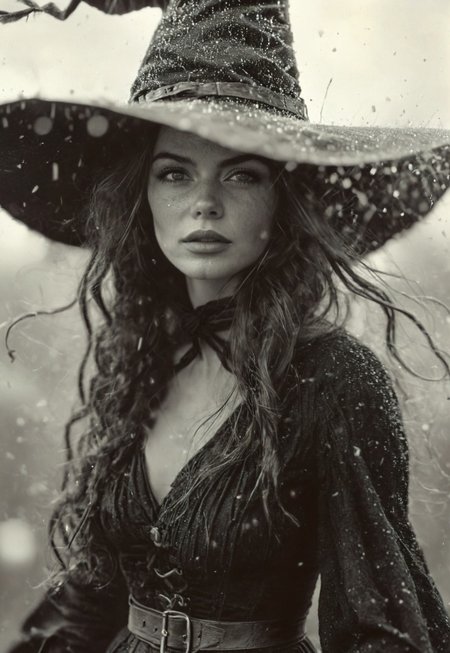 side view action shot, monochrome, low key color graded, Create a vintage closeup portrait analog photograph of a charming Natural freckled buxom witch flying through a raging storm on her broomstick. upper body shot, detailed face and skin, detailed hair and clothes, she looks to her goal with a fighting look, rain particles, storm, atmospheric haze, atmospheric light from dense and dark translucent blizzard clouds, Despite the fierce winds, A cute black cat sits in front of her on the broom, braving the storm alongside her. Kiki is dressed in a weathered, long black Renaissance wool coat, with a simple, tight-fitting black wool dress with a high collar underneath. Her long, pointed witch hat is in danger of being blown away, so she holds it firmly on her head as she soars through the stormy, cloud-filled sky. female focus, crepuscular rays, volumetric lighting, ultra detailed, deep Blacks, very detailed, atmospheric haze, Film grain, cinematic film still, shallow depth of field, highly detailed, high budget, cinemascope, moody, epic, OverallDetail, 2000s vintage RAW photo, photorealistic, candid camera, color graded cinematic, eye catchlights, atmospheric lighting, imperfections, natural, shallow dof