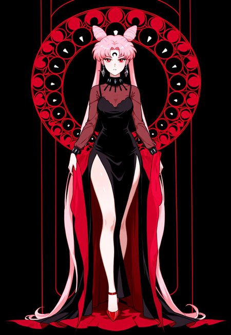masterpiece, best quality, absurdres, very aesthetic, high score, black_lady_usa, 1girl, solo, long hair, red eyes, dress, twintails, jewelry, very long hair, full body, pink hair, earrings, hair bun, , black dress, double bun, facial mark, crescent,  side slit, aged up, forehead mark, cone hair bun, crescent facial mark, crystal earrings, art nouveau