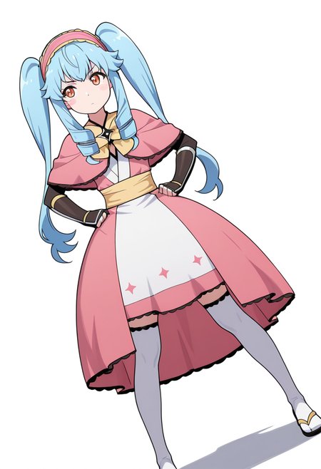 masterpiece,high quality details, absurdres, 
standing, hands on hips, feet apart, determined, looking forward,  ,
 <lora:Michiru_Kusagakure:0.8>
michiru_cnr, 1girl, blue hair, long hair, twintails, drill hair, sidelocks, orange eyes, blush stickers,
long dress, pink capelet,fingerless gloves, elbow gloves, white thighhighs, hairband, yellow bow,yelow armlet, ninja,, :i,, simple background, white background, dutch angle,solo,