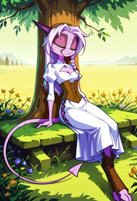 Dreamkeepers,1girl,Prelude_Namah,solo,demon tail, green eyes, horns, 
long hair, braided sidelock, hair down, arge pupil, small breasts,
brown hairband, white dress, medium dress, cleavage cutout, three-quarter sleeves, puffy sleeves, side slit, cross-laced slit, brown corset, brown boots, outside,
sitting, sleeping, leaning back, against tree, closed eyes, parted lips,
outside, tree, flowers, moss,
medieval, fantasy,
masterpiece, newest, absurdres, high detail RAW color art, high contrast,