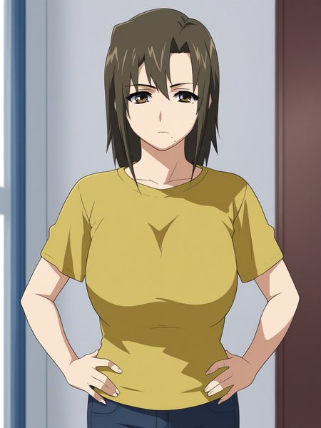 score_9,<lora:sayuri-000007:1>, sayuri,1girl,solo,brown hair,brown eyes,mole under mouth,large breasts,t-shirt,pants,hands on own hips,upper body,closed mouth,looking at viewer,indoors