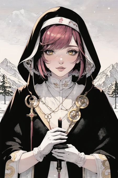 (masterpiece:1), (best quality:1),1girl, (priestess), (holding a candle:1.0), deep
golden eyes, peaceful, (portrait), (snowy mountains and forest background:1.2), (white gloves), hood, night time, fur cloth, nun, (from side:0.7), (red hair), bobcut hair, (bright colors:1.2), detailed face, (pink lips:1.1), circle background