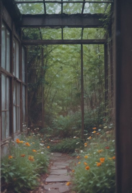 (masterpiece, 4k, medium format photo, bokeh, natural film grain) In the heart of the desolate metropolis, where towering structures of rusted steel and shattered glass stood as monuments to a forgotten era, a shipping container modernist house, beautiful interior nestled in the woods, The air was thick with life and awe, verdant nature, yet within the cottage, the hearth crackled with warmth, casting flickering shadows on the  walls. The garden, a riot of wildflowers and vines enchant viewers, swirly bokeh