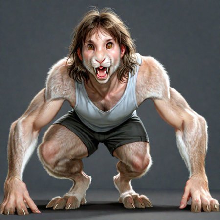 .1man,25 years old,(brown hair,long hair,wavy hair,layered hair),handsome,(transformation,species transformation:0.8) into (rabbit),feral transformation,confused,realistic,full body shot,body horror,((rabbit paws)),looking down at hands,buck teeth, rabbit teeth,((rabbit ears)),lengthening ears,furry ears,long rabbit ears,man morphing into rabbit, embarrassed,(realistic fur, rabbit fur, fluffy fur,brown fur,detailed fur texture),(human eyes),rabbit pupils,human head,,rabbit legs,digitigrade,on all fours,rabbit muzzle,animalistic proportions,