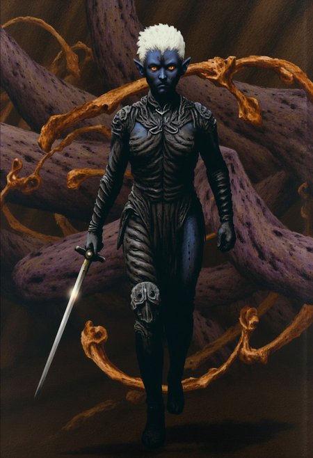 b3rs3rk macro lens d4concept pov, 3D01S, simple background d4artstyle atmospheric and powerful MikeFranchinastyle dark fantasy, natural organic and first person pov of a berserk style creature in the Tsutomu Nihei style
Dark elf warrior, ebony skin with a slight metallic sheen, contrasting shock-white hair ranging from short and tousled to long and flowing. Sharp, angular facial features with high cheekbones and pointed ears. Piercing eyes that glow with inner light, colors varying from amber to pale lavender. Athletic, lithe body clad in intricate, form-fitting armor made of overlapping weaved plates and scales in deep dark purples, blacks, and gunmetal grays. PaperStyle Armor design includes ornamental  bladed edges, suggesting both protection and offensive capabilities. Wielding an assortment of weapons including curved swords, throwing stars, and magical whips made of crackling energy. Poses range from dramatic action stances to regal portraits, conveying both lethal grace and commanding presence. Background alternates between shadowy caverns, fiery underworld landscapes, and medieval fantasy cityscapes bathed in golden light. Art style spans from highly detailed digital paintings to stylized fantasy illustrations, with emphasis on dramatic lighting and shadow play to accentuate the character's mysterious and dangerous aura
UHD letterboxed game trailer frame chromatic aberration dark atmosphere sharp masterpiece with a focus on the character, elden ring, dark atmosphere