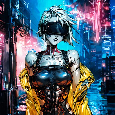 nahiri, short tomboy hair, clear raincoat, cyberpunk, wearing a vr headset, shiny skin, outside in a cyberpunk dystopian city at night in the poruing rain, illuminated by neon lights  <lora:masamune shirow_pony:1> solo, 1girl, cyborg,  <lora:NAHIRI:1>, 1girl, solo, short hair, breasts, bare shoulders, white hair, colored skin, white skin steamy body, embracing the moment,, source_anime, score_9_up,  score_7_up, score_8_up