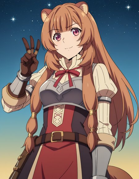 score_9, score_8_up, score_7_up, source_anime, <lora:raphtalia-s3-ponyxl-lora-nochekaiser:1>, raphtalia, long hair, bangs, brown hair, animal ears, raccoon ears, raccoon tail, raccoon girl, pink eyes, medium breasts,, long sleeves, sweater, ribbed sweater, puffy sleeves, breastplate, ribbon, red ribbon, gauntlets, glove, brown gloves, belt, skirt, armor,, planetarium, stars, sky, seats, dome, , v, v over mouth, smug,, looking at viewer, solo,, dutch angle, cowboy shot