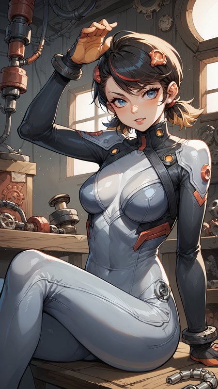 score_9,score_8_up,score_7_up,score_6_up, <lora:xl_more_art-full_v1:0.5>, source_anime, girl, dynamic pose, shushing, <lora:Peni Parker - Pony-000004:0.8>, black hair, short twintails, multicolored hair, streaked hair, blue eyes, grey bodysuit, multicolored bodysuit, black and white bodysuit, sitting, mechanical parts, wires, tubes, cluttered background, scrap, gears, interior,