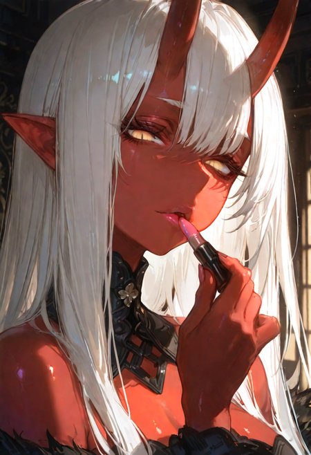masterpiece, best quality, good quality, newest, highres, absurdres, volumetric lighting,gradient color,
BREAK 
raytracing, volumetric lighting, ambient occlusion, girl, luminescent background, masterpiece, best quality, very awa, absurdres, 
BREAK
Aka-Oni, oni, colored skin, (red skin:1.3), straight horns, solo, long hair, model style,
evil eyes, evil, bullying, sinister, 
BREAK
masterpiece,amazing quality,best quality,ultra-detailed,8K,illustration,CG,shiny hair,clear skin,ultra-detailed-eyes, background,cute girl, eyelashes
BREAK,
applying lipstick, holding lipstick tube, glossy lips, sexy lips, front view, looking at viewer,