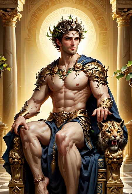 4k, digital art, semi realistic, fantasy, best quality, masterpiece, very detailed, dynamic angle, dynamic pose, close up, face focus, face portrait of a  muscular male, young, short hair, curly hair, very handsome, caucasian, white skin, pale skin, blushed, big eyes, anime eyes, greek god, tipsy, smirking, with grapevines on his hair, shirtless, wearing a purple greek tunic, with a leopard, ancient greece, relaxing on a golden throne, on a greek temple, (cinematic light, volumetric),