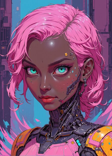 <lora:ck-Sci-Fi-Concepts:0.7>, in the style of ck-sfc, a whimsical alien cyberpunk humanoid android with wide, sparkling eyes in shades of turquoise and teal, filled with childlike curiosity. Her smooth, dark skin contrasts with her bubblegum pink, wavy hair that bounces around her face in playful curls. mechanical parts on neck and armor, the background is a vibrant swirl of candy colors—soft magentas, electric blues, and playful oranges—resembling a cosmic candyland. joyful, energy, like an alien pop star from a far-off, cheerful galaxy. The entire image exudes charm and fun, blending futuristic tech with a candy-colored fantasy.
<lora:ck-nc-luminal-genesis:0.8>
<lora:flux.1_lora_flyway_Epic-detail_v2:0.6>
<lora:CPA:0.5>
<lora:BLUE_mk4_angel_FLUX_01:0.30>