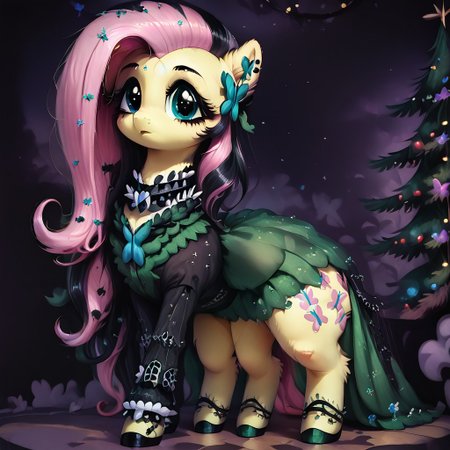 score_9, score_8_up, score_7_up, score_6_up, high resolution, hight detailed, intricate detail, detailed, (((feral pony))), solo, fluffy, fur, cute face, cute, wide hips, wide thighs, dark theme, full body, female pony, mare, ((fluttershy)), gothic, ((black streak)), hair over one eye, looking to the viewer, standing, The green dress, blue butterfly solo ((garden)) Christmas tree and lights