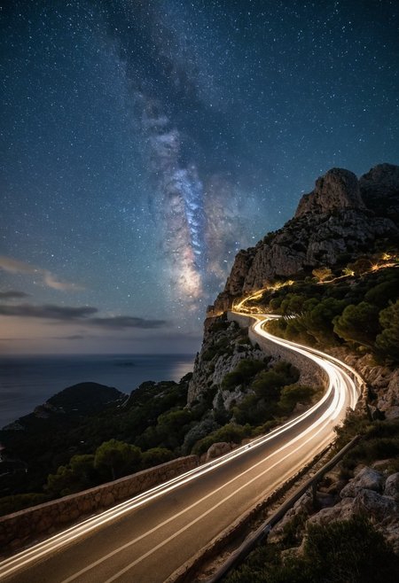 Long exposure photography capturing Formentor lighthouse in Mallorca, 
1893 construction with modern car headlights creating snaking trails, 
Mediterranean ambiance, 
ancient stars adding to the illumination, 
low season ambiance with closed road, 
year-round accessibility via foot, 
bike, 
or shuttle, 
northernmost cape of Mallorca featuring historical architecture, 
summertime congestion prevention, 
in natural light, 
ultra clear, 
dramatic lighting.