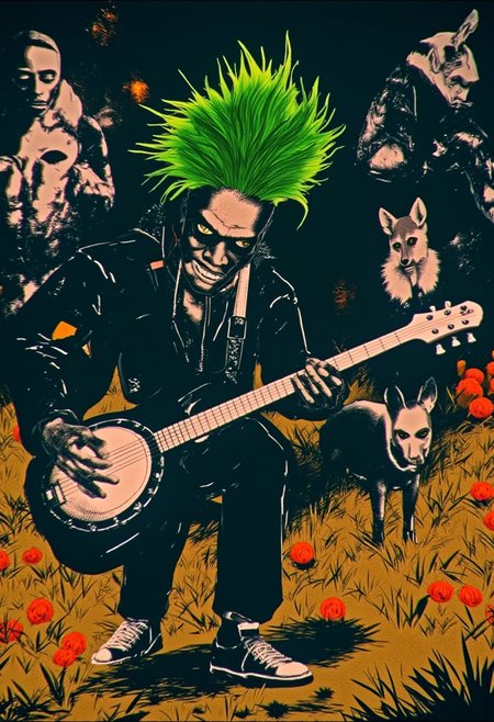 darkcomic, A cheerful zombie with glowing green hair, playing a banjo in a vibrant flower meadow surrounded by happy animals