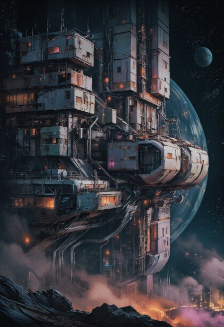 retro scan of a faded vintage 80s sci-fi ethereal scene. Towering above the Earth, massive floating structures rise high into orbit, their forms ghostly and blurred as if viewed through the worn lens of an old scanner. These round, sci-fi residential blocks sprawl like chaotic webs, riddled with exposed cables, dimly glowing panels, and densely packed windows that flicker faintly with pastel neon hues. The buildings are a mix of sleek, retro-futuristic technology and weathered neglect, some surfaces gleaming with polished metals while others show patchwork repairs of rusted, mismatched materials. Pipes and conduits twist across their facades, while clusters of satellite dishes and broken antennas protrude at odd angles.
printed on faded 80s sci-fi book artwork, its colors washed out and grainy. The dark expanse of space looms ominously in the background, punctuated by faint traces of spectral neon gradients blending into lo-fi pastel blues, pinks, and oranges. Between the floating blocks, strands of illuminated cables stretch like glowing spiderwebs, their light dim and uneven, evoking a nostalgic sense of a once-thriving, now-forgotten future.
its ethereal light barely illuminating the sprawling structures. The fusion of decayed, futuristic architecture and the melancholy beauty of dark space creates an atmosphere of haunting serenity, like a forgotten dream of humanity's grand ambitions, now faded into the haze of time.