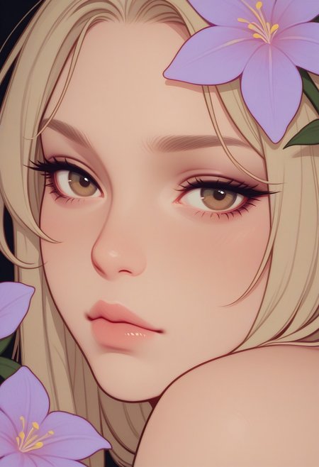 HDR, 8K, masterpiece, best quality, amazing quality, very aesthetic, realistic, newest, (artist:incase:0.5), (artist:tsuaii:1), (flat colors:2), haiz_ai, no lineart, no outline, 
solo, 1girl, long hair, plant, flower, looking at viewer
