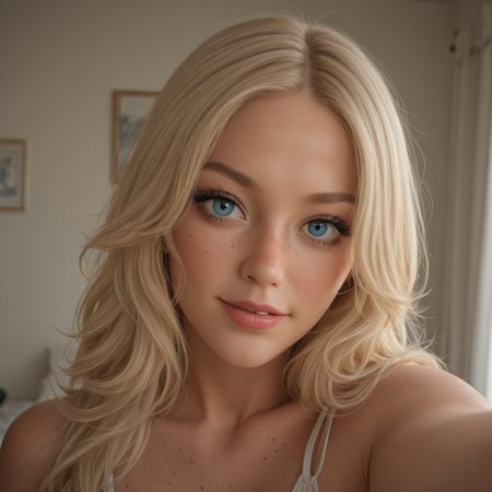 best, masterpiece, Domi with wavy blonde hair and blue eyes, extreme closeup, exotic colorful makeup, model face, model pose, selfie, highly detailed skin texture, freckles, highly detailed photo, professional photograph, dynamic lighting