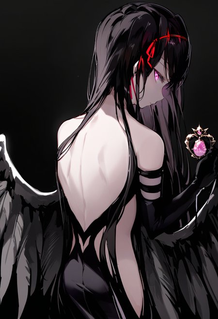 masterpiece, best quality,<lora:OH4XL_ANI31_lokr_V4312:0.95>1girl, long hair, akuma homura, akemi homura, solo, black hair, black gloves, gloves, elbow gloves, wings, from behind, dress, bare shoulders, black dress, black background, looking back, purple eyes, looking at viewer, ribbon, holding, simple background, bare back, hair ribbon, backless outfit, back focus, backless dress, back, red ribbon, soul gem, feathered wings, very long hair, black theme, pink eyes, glowing, black wings, profile, upper body