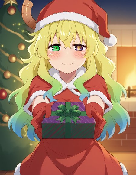 score_9, score_8_up, score_7_up, source_anime, <lora:dragon-lucoa-s2-ponyxl-lora-nochekaiser:1>, lucoa, blonde hair, blue hair, dragon girl, gradient hair, green hair, hair between eyes, horns, huge breasts, multicolored hair, green eyes, purple eyes, yellow pupils, heterochromia,, <lora:santa-costume-ponyxl-lora-nochekaiser:1>, santa costume, santa hat, christmas, sack, merry christmas, gift, fur-trimmed headwear, holding sack, santa dress, fur-trimmed dress, christmas tree, christmas tree, fur trim, red capelet, gift box, red gloves, fur-trimmed capelet, santa gloves, red hat, hat,, smile, blush, looking at viewer, <lora:incoming-gift-ponyxl-lora-nochekaiser:1>, incoming gift, outstretched arms, holding, holding gift, gift, gift box,,