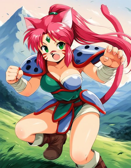 score_9, score_8_up, score_7_up, source_anime, rating_explicit, BREAK  <lora:Ryuquir_XL:1> Ryuquir, animal ears, tail, cat ears, facial mark, cat tail, green eyes, ponytail, red hair, long hair, pink hair, cat girl, breasts, forehead jewel, green jewel,
mountain, sky, fight, fighting pause, open mouth,ãnose tape,
 shoulder armor, solo, weapon, armor,  furry,  grass, hook claw, boots, looking at viewer, outdoors, fingernails,  shoulder pads,