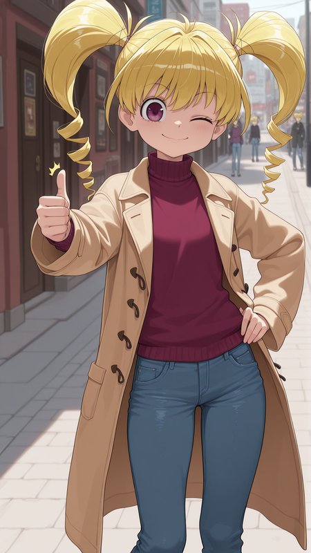 masterpiece, best quality, amazing quality, 1girl, solo,  <lora:IlluBiscuit:1> illubiscuit, purple eyes, blonde hair, twintails, drill hair, jeans, open coat, turtleneck sweater, street, thumbs up, one eye closed, smile, hand on own hip,