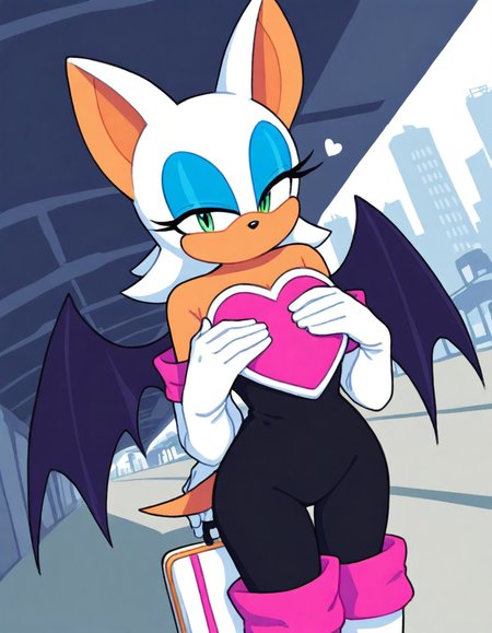 , <lora:rouge-the-bat-illustriousxl-lora-nochekaiser:1>, rouge, animal ears, bat ears, bat girl, bat tail, bat wings, eyeliner, furry, furry female, green eyes, makeup, tail, white hair, wings, eyeshadow,, bare shoulders, boots, elbow gloves, gloves, heart, knee boots, white footwear, white gloves,, train station, waiting for train, suitcase, traveling, commute, city skyline, hands behind back,, , hands on own chest,, looking at viewer, solo,, dutch angle, cowboy shot