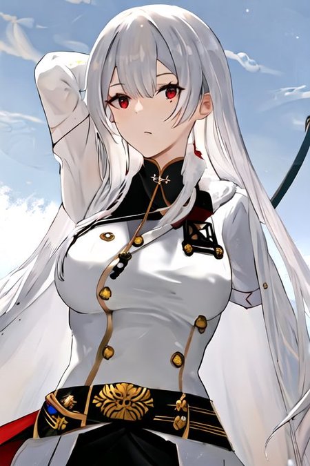 solo_focus, 1girl, (((masterpiece))), ((best quality)), ((ultra-detailed)), high resolution, absurdres, highres, ultra-detailed 8k unity wallpaper, 
sovetskaya_rossiya_azurlane, long_hair, hair_between_eyes, red_eyes, breasts, large_breasts, mole, white_hair, mole_under_eye, bangs, blush, grey_hair, very_long_hair