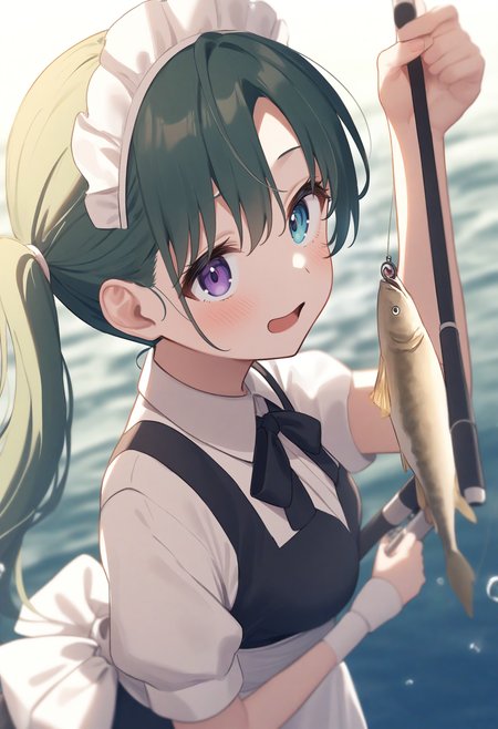 1girl,sincos, ningen mame, toosaka asagi,solo,medium breasts,20yo,maid,maid headdress,
fishing, fishing rod, fish, boat, holding fishing rod, holding fish, ocean, day, arm up, water drop, fishing line, <lora:fishing_XL_v1:0.8>
from above, portrait, looking to the side, green hair, heterochromia,kubrick stare,  open mouth, lightly curled inwards hair,,
best quality, very aesthetic, absurdres