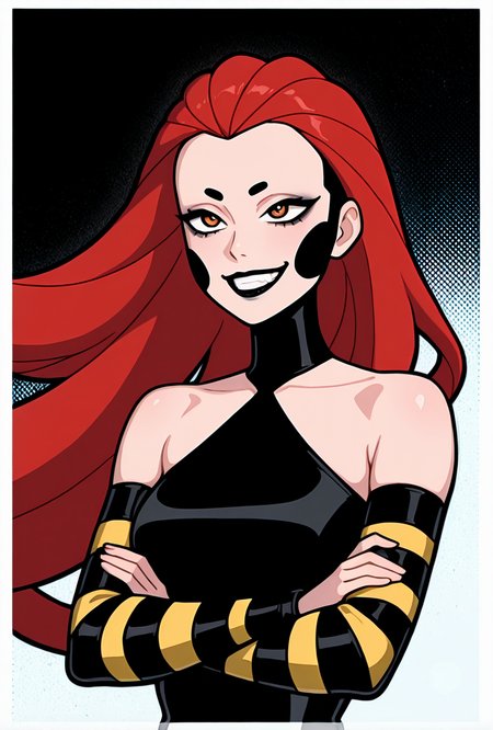 <lora:frightwig:1> frightwig, 1girl, long hair, red hair, bare shoulders, black lips, striped sleeves, detached sleeves, black bodysuit, facing forward, evil grin, teeth, crossed arms,, masterpiece, best quality, amazing quality, very aesthetic, absurdres, newest,, upper body, halftone effect, white borders, abstract background:1.2,