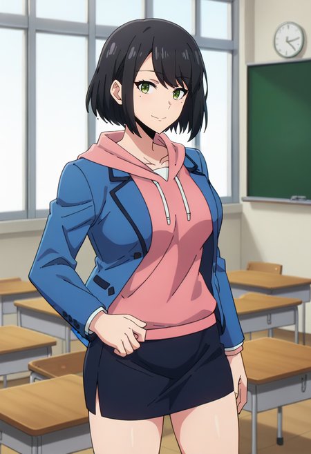 score_9, score_8_up, score_7_up,
<lora:SoloLeveling_HanSong-YiXL:0.8>, HanSongYiSL, 
1girl, solo, closed mouth, light smile,
black hair, medium hair, green eyes, mole under eye,
SongYiSchool, school uniform, blue blazer, pink hoodie, pencil skirt, black skirt,
standing, looking at the viewer, thigh gap,
indoors, classroom