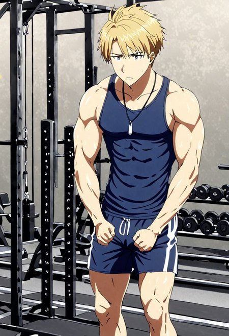 high resolution, solo, best quality, 1Boy, Yamato Ishida, Blond Hair, Necklace, Gym , tank top, shorts, exercise, sixpack, gym, OverallDetail