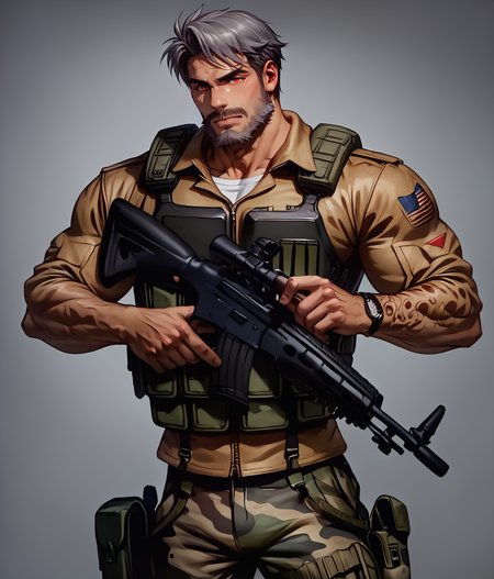 score_9, score_8_up, realistic, rating_questionable, bif, facial hair, beard, 
<lora:clothes_military-combat-uniform-ponyxl-lora-nochekaiser:.7> military combat uniform, camouflage jacket, camouflage, load bearing best, camouflage pants, soldier, bulletproof vest, combat helmet, assault rifle, rifle,
<lora:face_Adray_Lasbard:1>, AdrayLasbard, mature male, grey hair, short hair, red eyes, facial hair, mustache, muscular, arm tattoos, 
glossy skin, 1 muscular male, handsome, short hair, detailed background, bara,, mature,
<lora:egg_leonard-04:.4><lora:style_Concept Art DarkSide Style LoRA_Pony XL v6:1><lora:slider_skin tone slider_last:-1>,<lora:slider_Body Type_alpha1.0_rank4_noxattn_last:1>