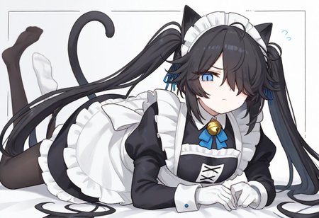 (Maid-kasli), solo, white gloves, dress, hair over one eye, maid apron, blue eyes, twintails, cat ears, maid headdress, maid, gloves, 1girl, apron, juliet sleeves, long sleeves, long hair, black hair, animal ears, bell,(Fall down),