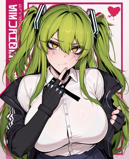 <lora:ace_glitch-000023:1> ace_glitch,
(masterpiece), (best quality), (ultra-detailed), amazing quality, very aesthetic, illustration, perfect composition, intricate details, absurdres, incredibly absurdres, shiny skin, realistic,
 ace_glitch, 1girl, green hair, gloves, solo, yellow eyes, fingerless gloves, long hair, breasts, heart, character name, black gloves, looking at viewer, twintails, skirt, large breasts, shirt, jacket, middle finger, closed mouth, white shirt, hair between eyes, two side up, school uniform, sensitive