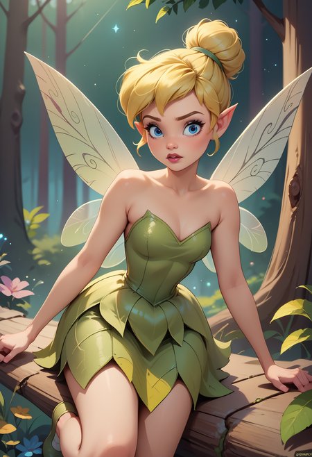 score_9, score_8_up, score_7_up BREAK  night sky, forest <lora:tinkerbellPonyXL_character:0.8> TinkerWaifu, fairy wings, blue eyes, green dress, hair bun