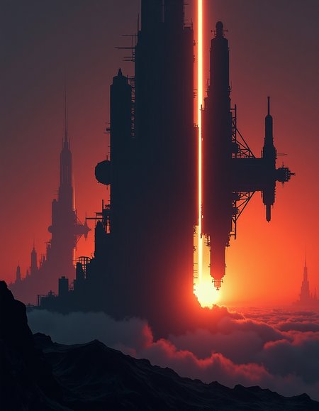 dark art by Ludwig Fahrenkrog and Karl Kopinski, Silhouette of a complex space station broken into angular fragments, bright white backlight creating sharp edges on fragments, background gradient from deep purple to bright orange suggesting a cosmic sunset, station fragments larger in foreground becoming smaller towards background, high contrast with intricate details visible in the lit edges of fragments,, symbolist, mystical, spiritual, allegorical, fantasy art, detailed, gritty, epic