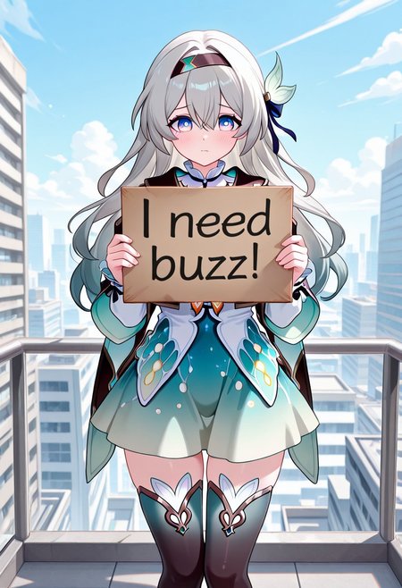 masterpiece,best quality,amazing quality, need_buzz, holding sign, 1girl, firefly_\(honkai:_star_rail\), White city, on roof, blue sky