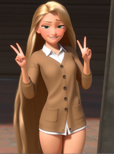 1girl, solo, newest, very long hair, blonde hair, green eyes, 3d, highres, (alternate outfit:1.2) smug smile, thighs, blush, slender, hands up, double v, from front, centered, white collared shirt, (freckles:0.6), (looking at viewer:1.1), cowboy shot, (coat, brown cardigan:1.3), (bare arms, best finished, amazing quality, best quality:1.1), shiny skin, masterpiece, best quality, amazing quality, very aesthetic, absurdres, newest, intricate, very detailed, <lora:Tangled_Rapunzel (1):0.75>
