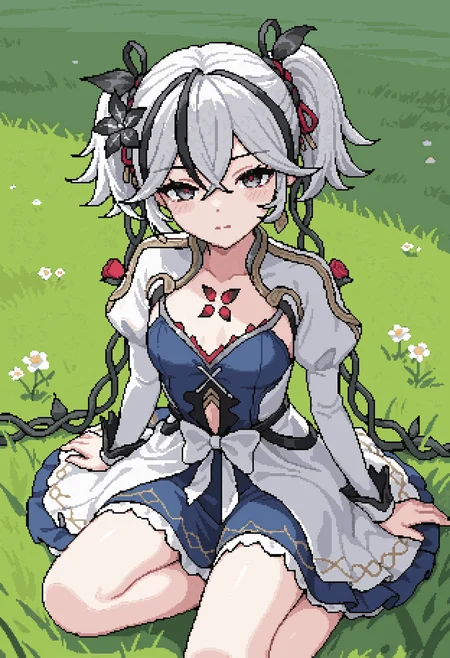 masterpiece, best quality, newest, pixel_art,
camellya, white hair, hair vines, streaked hair, multicolored hair, hair ornament, short twintails, black eyes, red pupils,
1girl, blue dress, closed mouth, cowlick, dress, flower, grass, juliet sleeves, long sleeves, looking at viewer, on grass, outdoors, puffy sleeves, sitting, solo, white dress, white flower, yokozuwari,
<lora:Camellya_sylphyAI_v10_Illustrious:1>
<lora:Pixel_Leonmitchelli_v01_Illustrious:0.85>