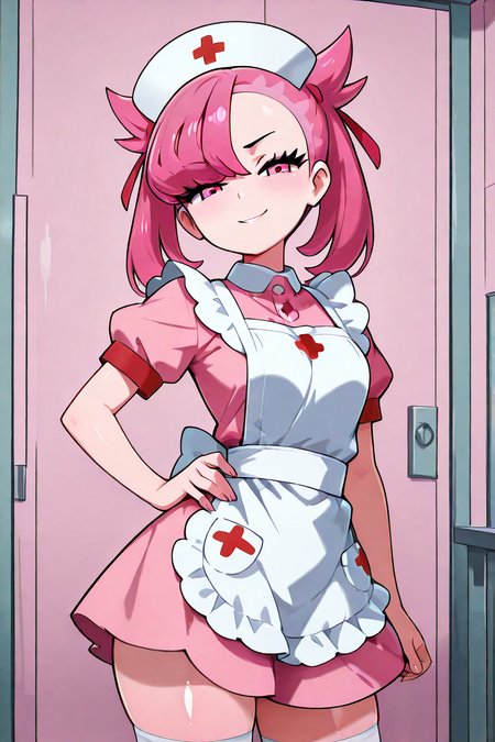 masterpiece, best quality, 1girl, solo, 21 year old model, eyelashes, (beautiful eyes), zzNurseMarnieCitron, pink eyes, hair ribbon, medium hair, pink hair, asymmetrical bangs, ribbon, nurse, pink dress, white apron, nurse cap,  <lora:NurseMarnieIXL:1.0>, cowboy shot, hand on hip, smug, smile, looking at viewer, shiny skin,<lora:LandidzuStyleIXL:1.0>,