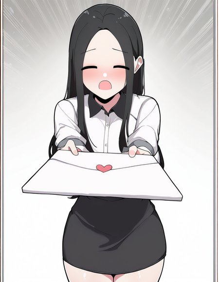 masterpiece, best quality, newest, absurdres, highres, safe,, <lora:yoo-jae-kyung-manhwa-illustriousxl-lora-nochekaiser:1>, yoo jae-kyung, long hair, large breasts, black hair, closed eyes, forehead,, <lora:love-letter-ponyxl-lora-nochekaiser:1>, love letter, heart, valentine, letter, confession, incoming gift, outstretched arms, closed eyes, shouting,, , cowboy shot, solo