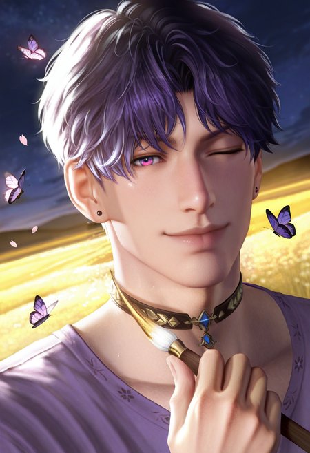 1boy, male focus, portrait, LADS_Rafayel, LADS_Rafayel_purple_hair, LADS_Rafayel_bluish_pink_eyes, choker, earrings, portrait, upright pose, expressive flirting face, eyes wide with hidden sorrow, one eye closed, blushing, lips parted as if about to speak, purple deep v shirt falling from shoulders, both hands gripping a glowing painterâs brush in mid-air, streaks of glowing watercolor, outside, night, fantasy golden field, sakura blossoms falling down, wind, liquid gold, luminous purple butterflies emerging from cracks, surreal moonlight illuminating body, from the side, looking at viewer, slightly from below, dynamic expression, dynamic angle, masterpiece, best quality, amazing quality, ultra-detailed, very awa, intrinsic background, high contrast, absurdres, cinematic lighting, realistic shading, intricate details, highly detailed, soft lighting, high contrast, depth of field, shiny skin, newest, <lora:LoveDeepSpace_Rafayel_r1:0.8>