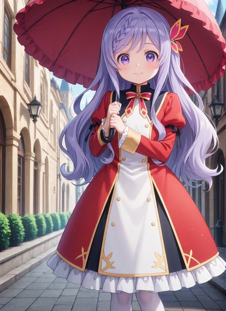source_anime BREAK prefect lighting,very aesthetic,prefect hands,best quality,
intricate details,highly detailed background,(masterpiece:0.9),high quality,lustrous_skin,skindentation,(zPDXL3),
ultra delicate hair,
face_detail,
skin_detail,<lora:cfg_scale_boost>,
lustrous_skin,skindentation,
shiny skin,
<lora:seirei_gensouki_-_flora_beltrum_s1_il:0.7>,seirei_gensouki_-_flora_beltrum_s1,long_hair,purple_hair,hair_ornament,braid,purple_eyes,aged_down,flat_chest,
bow,ribbon,red_dress,long_sleeves,frills,juliet_sleeves,puffy_sleeves,white_pantyhose,black_footwear,
masterpiece,best quality,amazing quality,masterpiece,best quality,ultra-detailed,Best-A,Medium-B,Low-C,Bad-D,cute,in spring,light_blush,happy,looking at viewer,
castle,street,
umbrella,hold an umbrella,