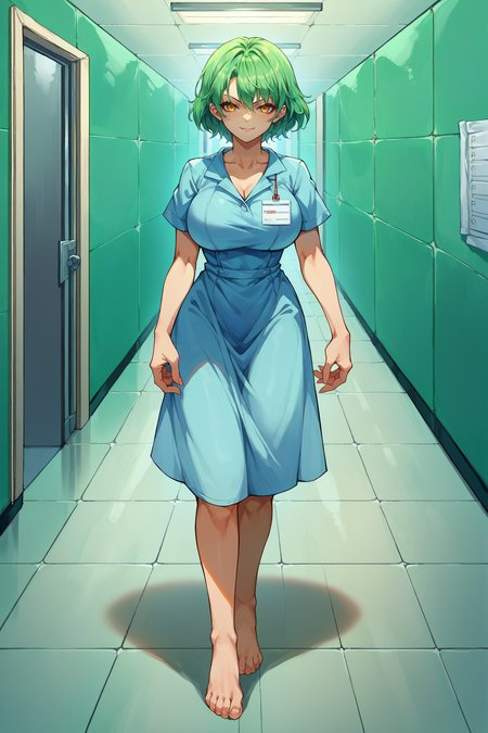 score_9, score_8_up, score_7_up, score_6_up, source_anime, 1girl, solo  <lora:hikage-pdxl-nvwls-v1-000005:1> skhik, green hair, short hair, yellow eyes, large breasts, hospital gown, indoors, hospital, barefoot, full body, hallway, looking at you, smirk