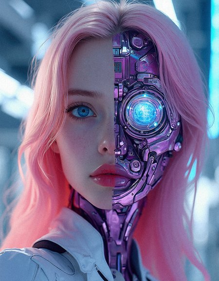 photorealistic artwork explores the delicate yet powerful balance between human emotion and machine precision. The female cyborg’s face is a study in contrast, with one half of her face showcasing her flawless, pale skin, soft and warm, her delicate features framed by flowing pink hair. Her blue eyes gleam with emotion, hinting at the remnants of her humanity beneath the advanced technology. Her lips, slightly parted, are painted a subtle shade of pink, adding to her organic beauty.Currently, her Eyes wide looking straight at camera with a look of curiosity, as if something has caught her attention.


On the other side of her face, the mechanical elements dominate. Sleek and futuristic, her cybernetic half is crafted from purple-tinted metal, polished to a mirror-like shine. The mechanical eye is multi-layered, its intricate lenses giving her enhanced perception and analysis abilities. Tiny wires, circuits, and gears are meticulously designed, integrated into the metal plates that form her skull and jaw. The fusion of human and machine is seamless, suggesting that she has lived with this duality for a long time, mastering the strengths of both sides.

Surrounding her is an environment filled with technological marvels: holographic screens displaying data, robotic drones hovering in the background, and neon-lit pathways leading to unknown destinations. The lighting reflects off her metallic components, casting a soft glow on her human side, symbolizing the unity of man and machine. This female cyborg is not just a machine with human parts; she is a being who fully embodies the future, where emotions, intellect, and technology co-exist in perfect harmony.










