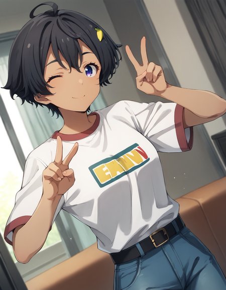 score_9, score_8_up, score_7_up, source_anime, BREAK
1girl, solo, looking at viewer, living room, dutch angle, one eye closed, v pose,
lemon yakishio, short hair, black hair, hair between eyes, ahoge, lemon hair ornament, purple eyes, dark skin,
white shirt, belt, blue jeans,
<lora:lemon_yakishio_anime_v3-soralz:1>
